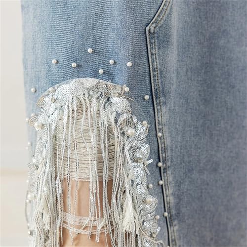 Women's Split Beaded Irregular Denim Skirts Tassel Ripped Casual Jeans Skirt4