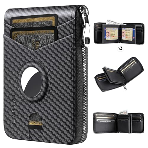 LATKWO Mens RFID Blocking Zipper AirTag Wallet with 2 ID Windows - Large Capacity Design 13 Credit Card Slots |Durable Mens Accessories Secure Holder for Apple Air Tag (Black)