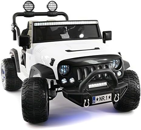 Explorer 2 (Two) Seater 12V Power Kids Ride-On Car Truck with R/C Parental Remote + EVA Rubber LED Wheels + Leather Seat + MP3 Music Player Bluetooth FM Radio + LED Lights (White)