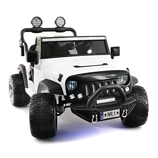 Explorer 2 (Two) Seater 12V Power Kids Ride-On Car Truck with R/C Parental Remote + EVA Rubber LED Wheels + Leather Seat + MP3 Music Player Bluetooth FM Radio + LED Lights (White)