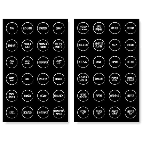 Gewürzetiketten (96 Stück) - Schwarz - Aufkleber Gewürze Etiketten Selbstklebend - Vorratsetiketten - Rund - Wasserfest - Gewürz Sticker - Küchenetiketten - klein 4cm