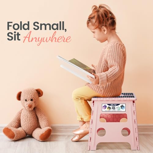 Image of Delxo Folding Step Stool, 13 inch Non-Slip Foldable Stools Up to 300 LBS, Step Stool with Handle, Lightweight for Kitchen, Bathroom, Bedroom, Garden Stepping Stool with Dotted, Pink,1 PC