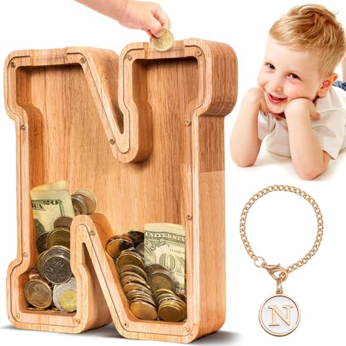 Image of SummiDate Wooden Letter Piggy Bank| Piggy Bank for Boys Girls Toddler| Alphabet N Money Bank| Coin Bank Birthday Gift for Kids|Birthday Gift for Kids (N)