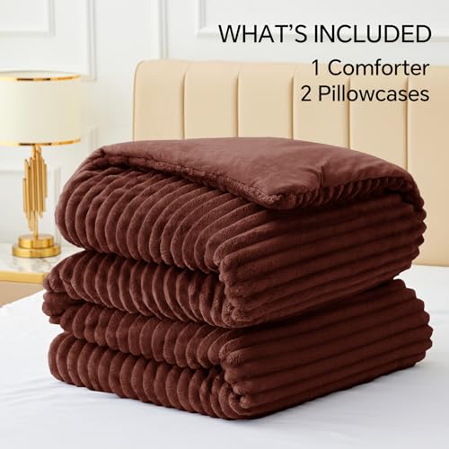 Image of BEDELITE Fleece King Comforter Set -Super Soft & Warm Fluffy Hot Chotolate Bedding, Luxury Fuzzy Heavy Bed Set for All Season with 2 Pillow Cases