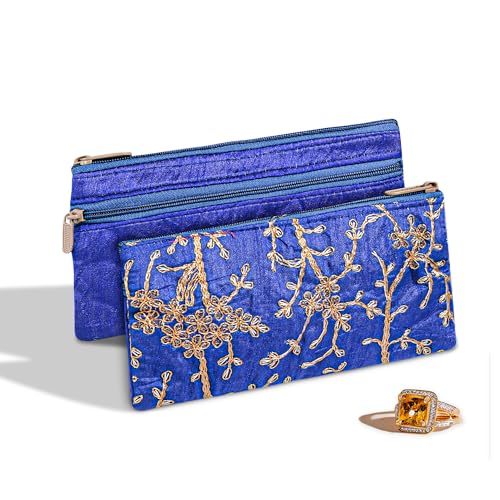 Image of Kuber Industries 2 Pcs Polyester Hand Purse for Woman & Girls with Zip | Lightweight & Compact Ladies Purse /Wallet for Party, Wedding & Events | Embroidery Design - Blue