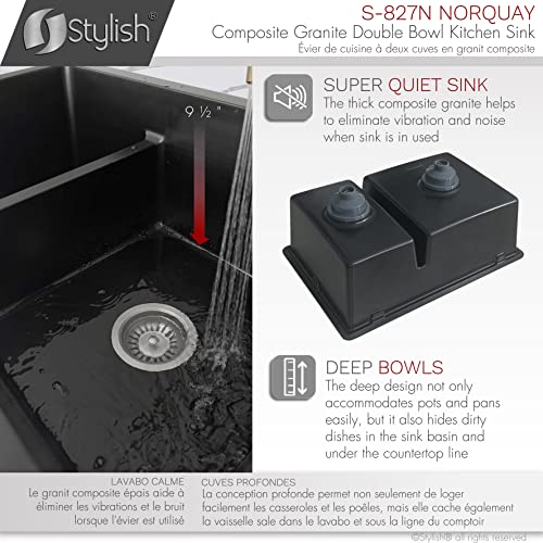 Image of Stylish 27.25 x 18.75 Inch Drop In or Undermount Kitchen Sink Double Bowl Workstation 9.5 Inches Deep Granite Composite Kitchen Sinks with Regular Strainers Black, S-827N
