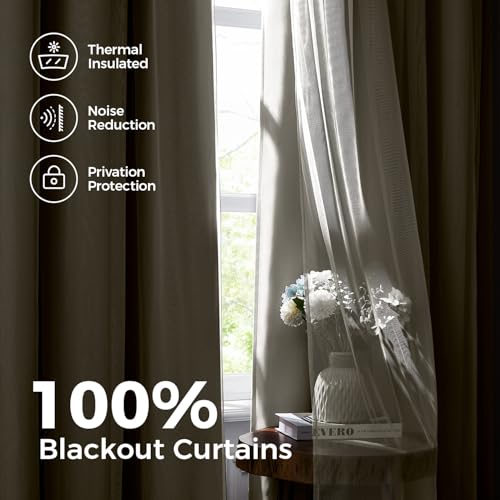Image of 100% Blackout Curtains for Bedroom, Double Layer Ivory Curtains, Black Out Curtain 72 inch Long with Sheer Overlay for Living Room, Room Darkening Window Drapes with Grommet, 52 inch W x 72 inch L
