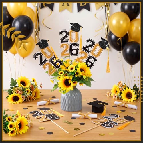 Image of 10 Pcs Graduation Table Centerpieces Sticks with Tassels, class of 2026 Grad Cap Picks Table Decoration Cupcake Toppers for Party Centerpiece Decoration Supplies(Black and Gold)