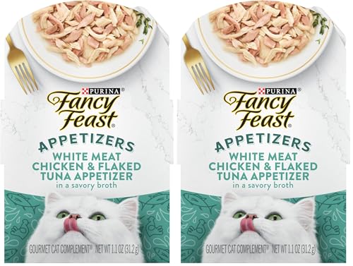 Image of Fancy Feast Purina Appetizers Lickable Grain Free Wet Cat Food Topper White Meat Chicken and Flaked Tuna Appetizer - 1.1 oz. Trays,(Pack of 20)