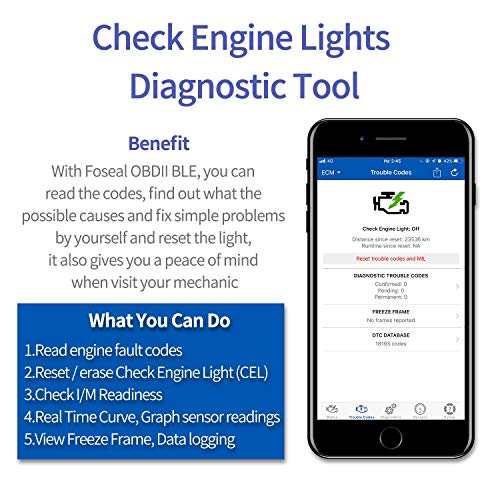 OBD2 Scanner Bluetooth 4.0 OBDII Scan Tool for Android Device & iOS (No Need to Pair on iPhone/iPad), Foseal Car Diagnostic OBD 2 Check Engine Light Code Reader Work w/ 3rd Party app OBD Fusion Torque - Thumbnail 4
