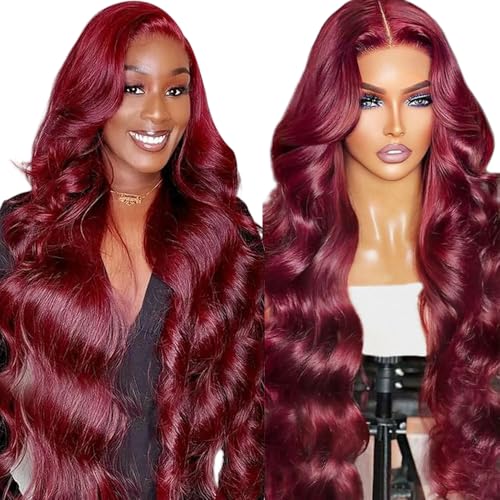 Image of JTMMP 99J Burgundy Lace Front Wigs Human Hair 13x6 Body Wave Lace Front Wigs Human Hair Pre Plucked 99j Burgundy Red Wine 30 Inch Glueless Wigs for Women