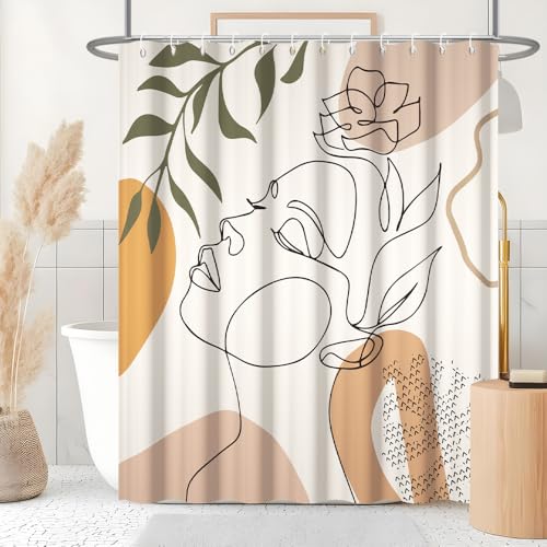 Uiiooazy Rideau Douche Anti Moisissure, Rideau de Douche 180x180cm Orange Boheme Feuilles Vert Visage Abstrait Rideaux de Baignoire Imperméable Tissu Lavable...