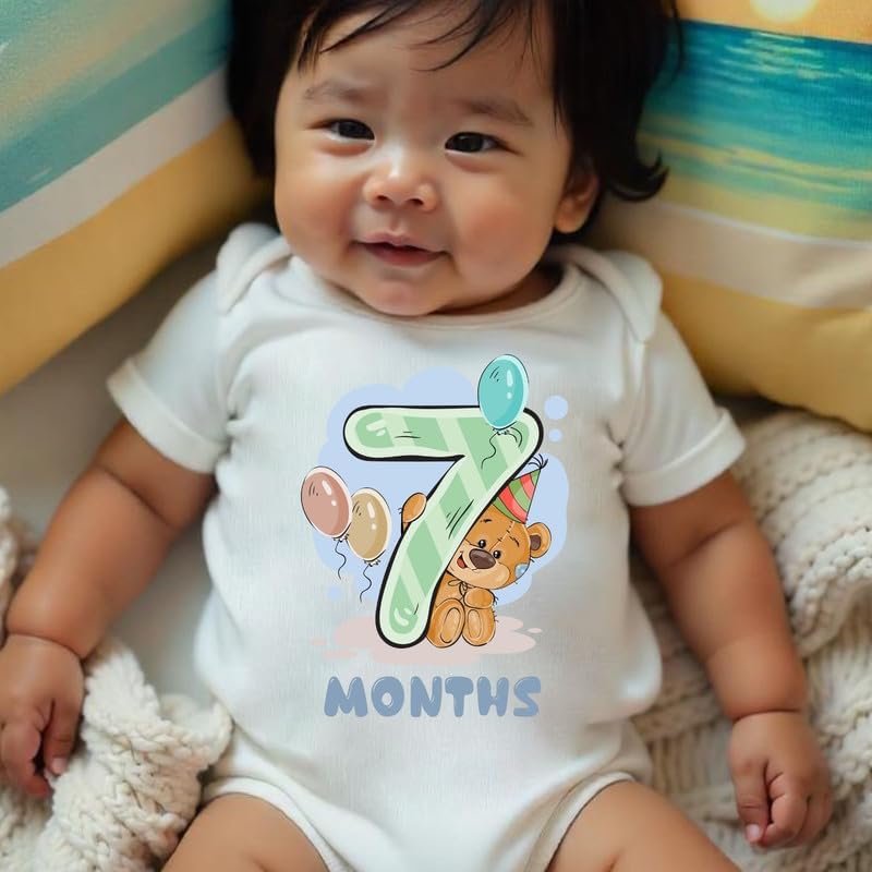 Image of Knitroot Monthly Birthday Teddy Special, Newborn Baby Half Sleeve Unisex Romper, Onesies, Sleepsuit, Body Suit, Envelope Neck, 1 to 12 Months Print, 0-12 Months, Infant Cloth for Boys & Girls