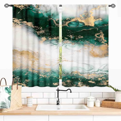 TKUYO Green Marble Curtains, Abstract Emerald Green Golden Glitter Foil Printed Aesthetic Unique Modern Luxury Window Treatments Drapery for Bedroom Living Room Bathroom Kitchen 2 Panels, 55x39 Inch