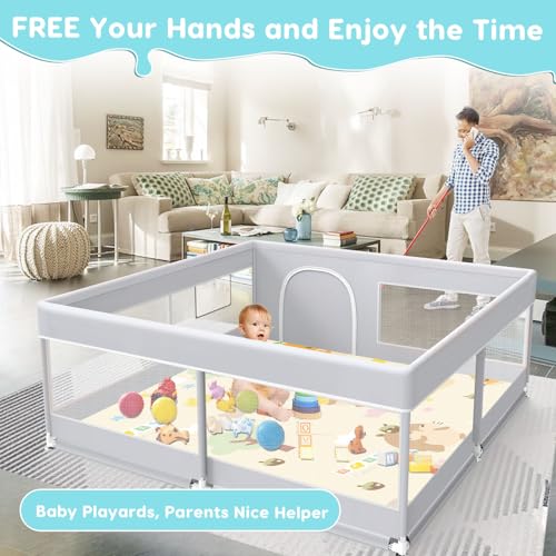 Image of Fshibila Baby Playpen with Mat, Baby Playard for Toddlers, Sturdy Safety Play Yard with Soft Breathable Mesh, Anti-Fall, 50 * 50 * 27 inches Grey