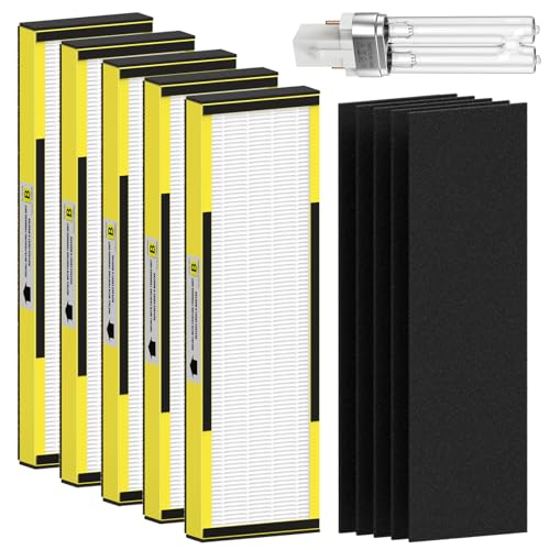 5 Pack FLT4825 True HEPA Filter B Replacement & 1 Replacement Bulb Compatible with AC4825 AC4300 AC4800 AC4900 AC4850, Part No# FLT4825, LB4000