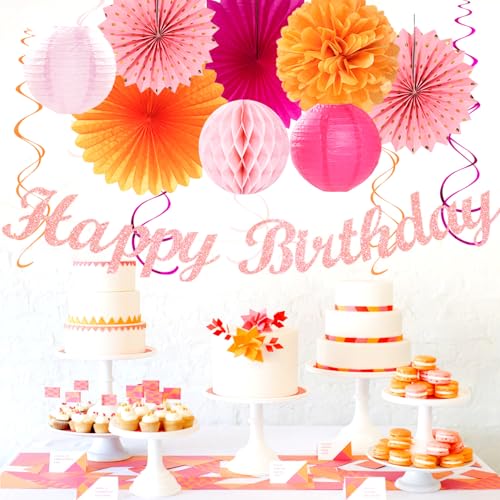 Image of Hot-Pink Orange Fall Birthday Party-Decorations - 21pcs Autumn Women Peach Happy Banner,Girls Groovy Paper Streamers Lanterns Honeycomb,Tissue Flowers Pom Poms Fan, Boho Garland Room Decor