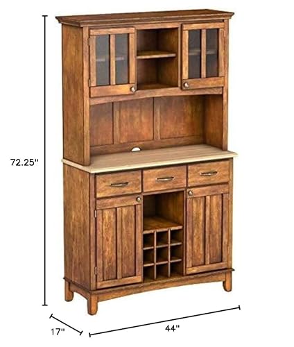 Home Styles Buffet Of Buffets Cottage Oak Server With Natural Wood Top, Three Utility Drawers, Two Door Hutch, Removable Wine Rack, And Brushed Steel Hardware #TOP2