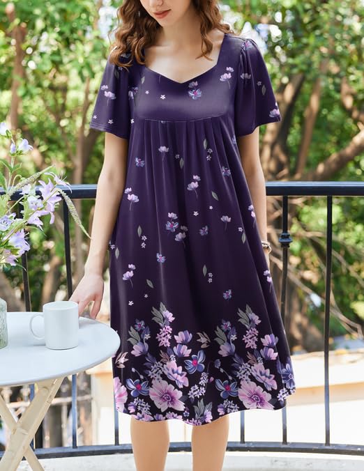 Image of Ekouaer Women's House Dress - Pleated Nightgown with Short Sleeves & Pockets