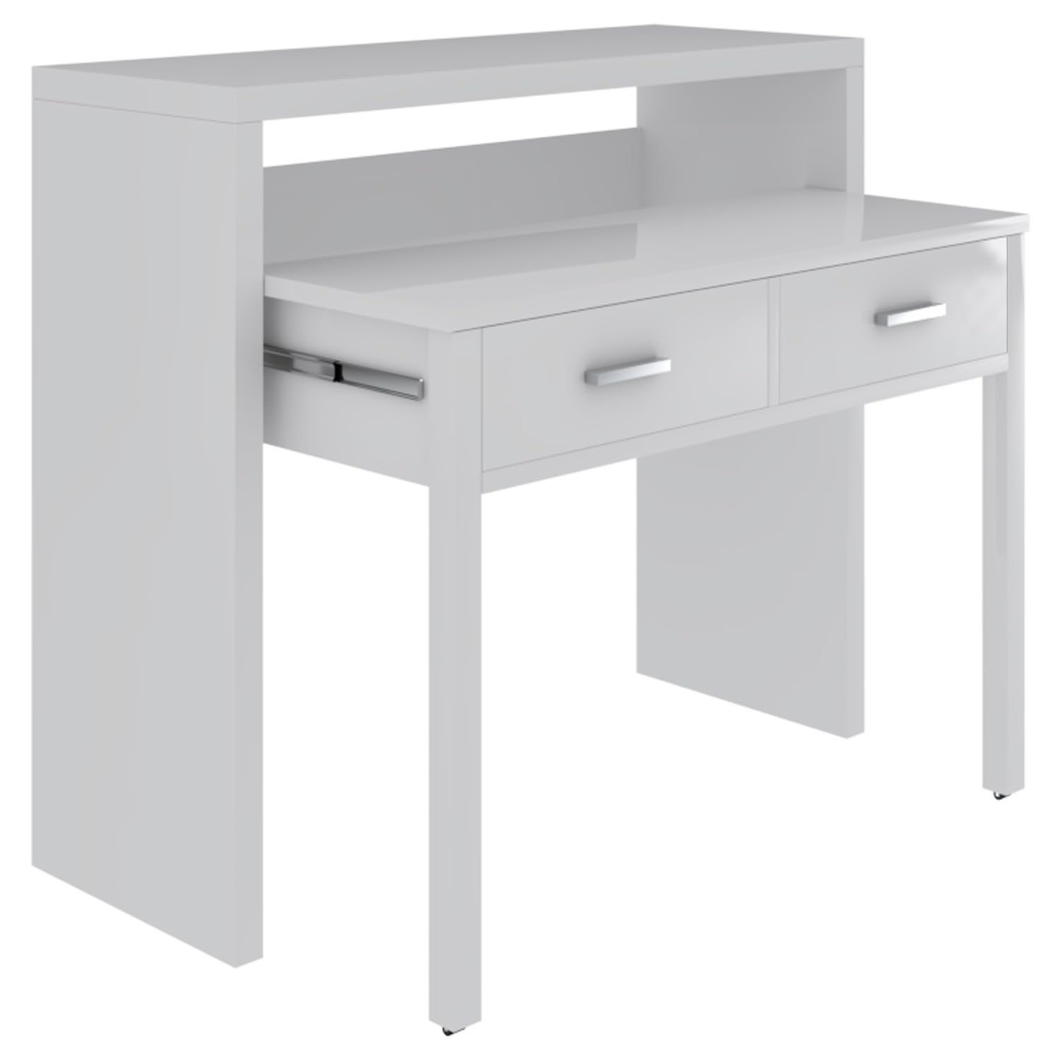 Arreditaly Consolle Allungabile Scrivania Con 2 Cassetti Scrittoio Ufficio Cameretta Salvaspazio Scrivania Estensibile Design Arredo Casa Guide Metalliche 98.5 x 36 x 87.5 cm Bianco