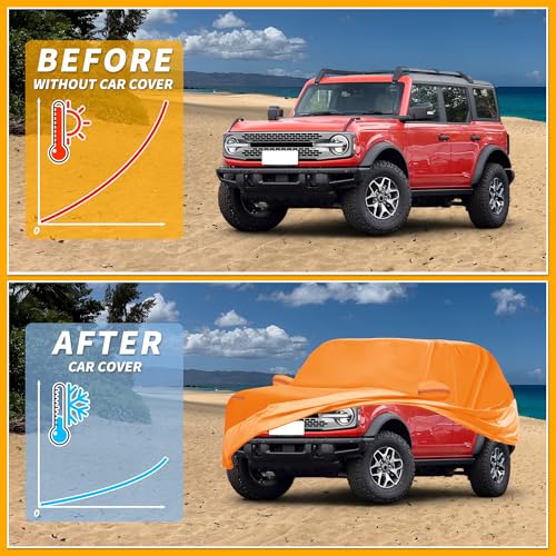 Image of Car Cover Waterproof All Weather Automotive Outdoor Anti-UV Full Exterior Cover for Ford Bronco 4DR 210D-PU Orange with Left Side Zippers