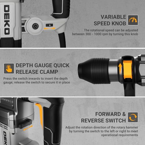 DEKOPRO 1500W SDS Plus Rotary Hammer Drill, 5.5J Impact, 300-1000RPM, 4600BPM, 3 Functions, 32mm Concrete Drilling, 9pcs Accessories - Image 5