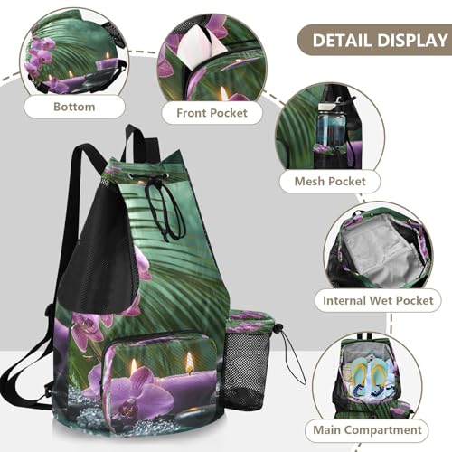 Mesh Gym Swimming Bags for Men & Women, Japanese Zen Candles Orchid Large Drawstring Backpack with Dry-Wet Pocket, Lightweight Gym Bag for Sports, Travel, Beach, Workout Gear4