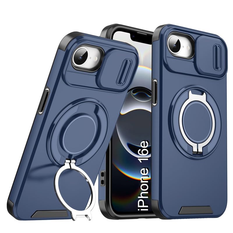 Image of LuxuryKase Shockproof Rugged Case for iPhone 16e | iPhone 17e | Slide Camera Cover | 360 Rotating Ring Kickstand | Military-Grade Protection - Navy Blue