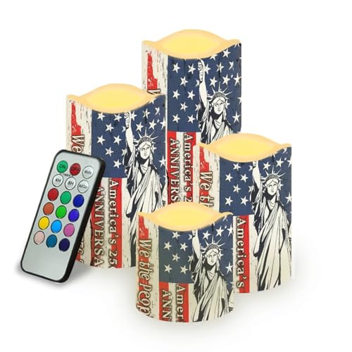 Image of Statue of Liberty Flameless Candle 250th Anniversary Led Lights with Battery Operated Remote Control American Flag Independence Day Candles for Vintage Room Decor, 4 Pack