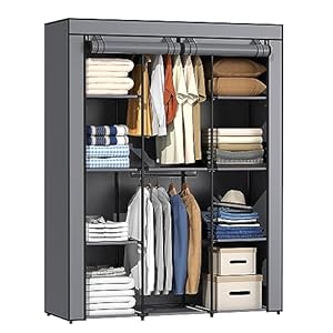 Portable Closet, Wardrobe Closet with 10 Storage Shelves and 2 Hanging Rods, Non-Woven Fabric Cover, 52.4 x 18.1 x 66.6 Inches Closet Organizer for Bedroom, Gray