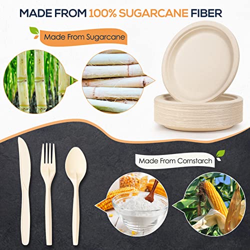 250pcs Compostable Paper Plates Set Extra Long Utensils
