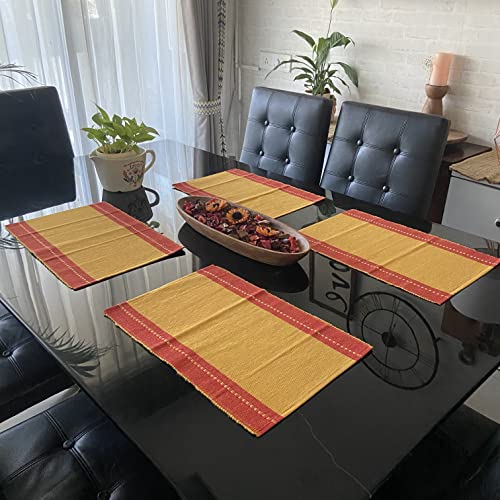 Image of RANGBHAR Handloom Washable Ribbed Cotton Tablemats /Placemats, Set of 4, 12x18, Fade /Heat Resistant, Red Mustard, Striped