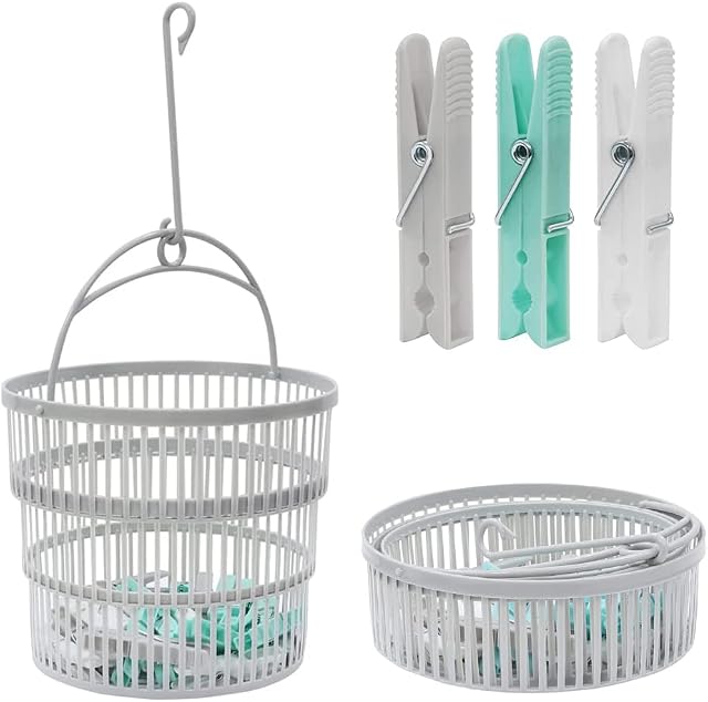 Collapsible Clothes Peg Basket for Washing Line with Hanger & 50 Pcs Multicoloured Clothes Pegs for Washing Line Strong and Durable Plastic Washing Pegs for Heavy Laundry
