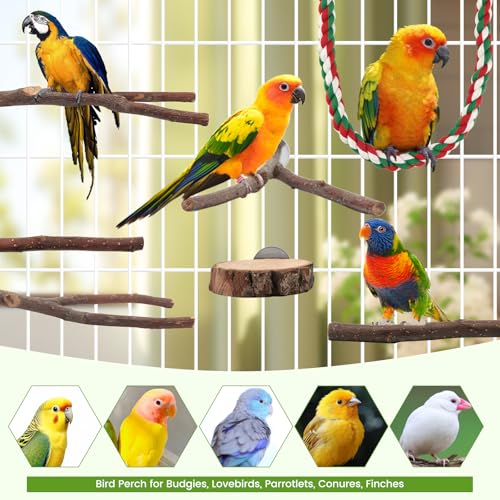 Image of 9 Pcs Apple Wood Bird Perch, Platform & Rope Set for Cage | Natural cotton material for foot comfort; natural apple wood for safe chewing; easy tool-free wing-nut setup.