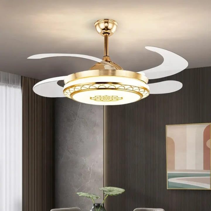 Glowave® Golden 42" Crystal Chandelier with 4 Transparent Retractable ABS Blades Ceiling Fan Light with Remote Control - Tricolour (FI 7720)-image-17