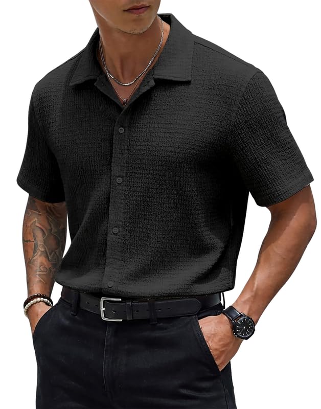 - Mens Cotton Blend Textured Half Sleeve Shirt Solid Button Down Cuban Collar Casual Hip Length Regular Fit Smart Summer Shirt for Office Travel Party