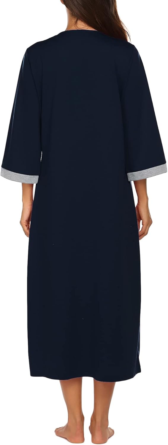 Ekouaer Women Zipper Robe 3/4 Sleeves Loungewear Dress Full Length Sleepwear Pockets Housecoat Nightgown Long Bathrobe - Image 4