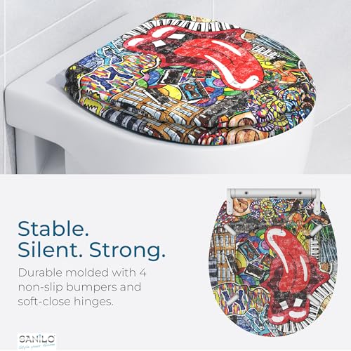 Image of Sanilo Wooden Toilet Seat with Quick Release & Soft Close [ROUND] - Decorative & Slow Close Molded Wood Seat - With One Click for Easy Installation & Cleaning - With Adjustable Fit (Graffiti)