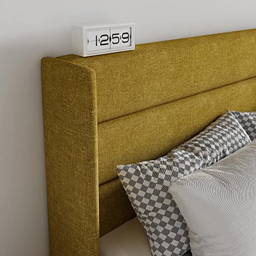 SHA CERLIN Full Size Lift Up Storage Bed/Modern Wingback Headboard/Upholstered Platform Bed Frame/Hydraulic Storage/No Box Spring Needed/Wood Slats Support/Olive Yellow