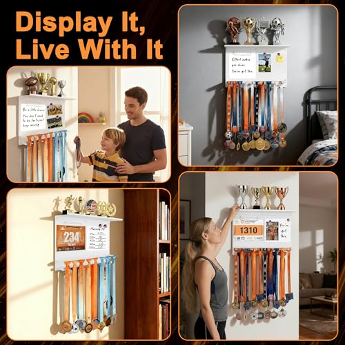 Image of Running Medal Hanger Display with Trophy Shelf, Race Bib Holder and Whiteboard, 2-Bar Medal Holder for 50+ Medals with Flag Magnets, Marker, Wall Mounted, White