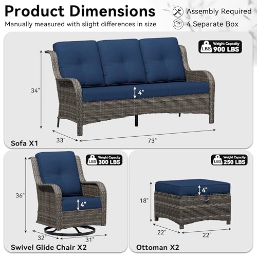 Image of 5 Piece Outdoor Wicker Patio Furniture Set, Outdoor Swivel Rocker Patio Chairs Set with Thickened Olefin Cushions, High Back and Deep Seating, Hand-Woven PE Rattan for Porch, Deck