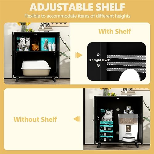 Lovinouse Large Cat Litter Box Enclosure, Hidden Cat Washroom Furniture with Sisal Covered Doors, 2-Layer Wooden Cat Cabinet with Adjustable Shelf, Side Table TV Stand for Living Room, Black