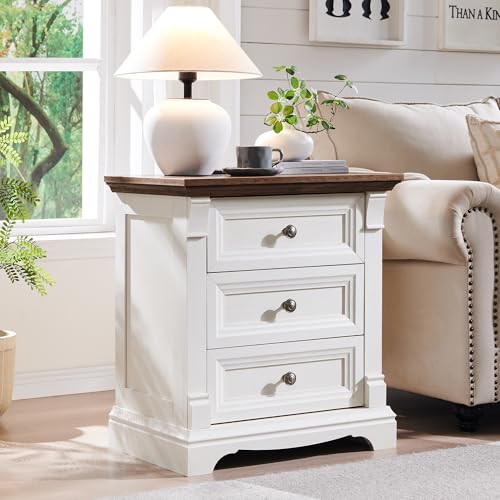 Image of Farmhouse 26 inch Tall Nightstand with Charging Station 23.6 inchW Wood Side Table