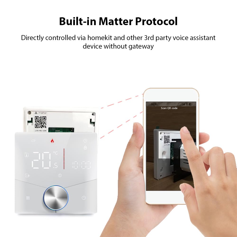 Kabelloser Matter-Thermostat für die Heizung von Wasser- und Gaskesseln zu Hause mit Touchscreen und Drehknopf, 7x6 wöchentlich programmierbar, kompatibel mit (Elektrische Heizung)