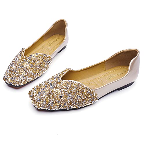 Qxcgdyxt Flats Shoes Women Rhinestone Square Fashion Ballet Flats Wedding Flats For Women Comfortable Slip On Low Heel Dress Shoes Gold Size-8 #TOP1