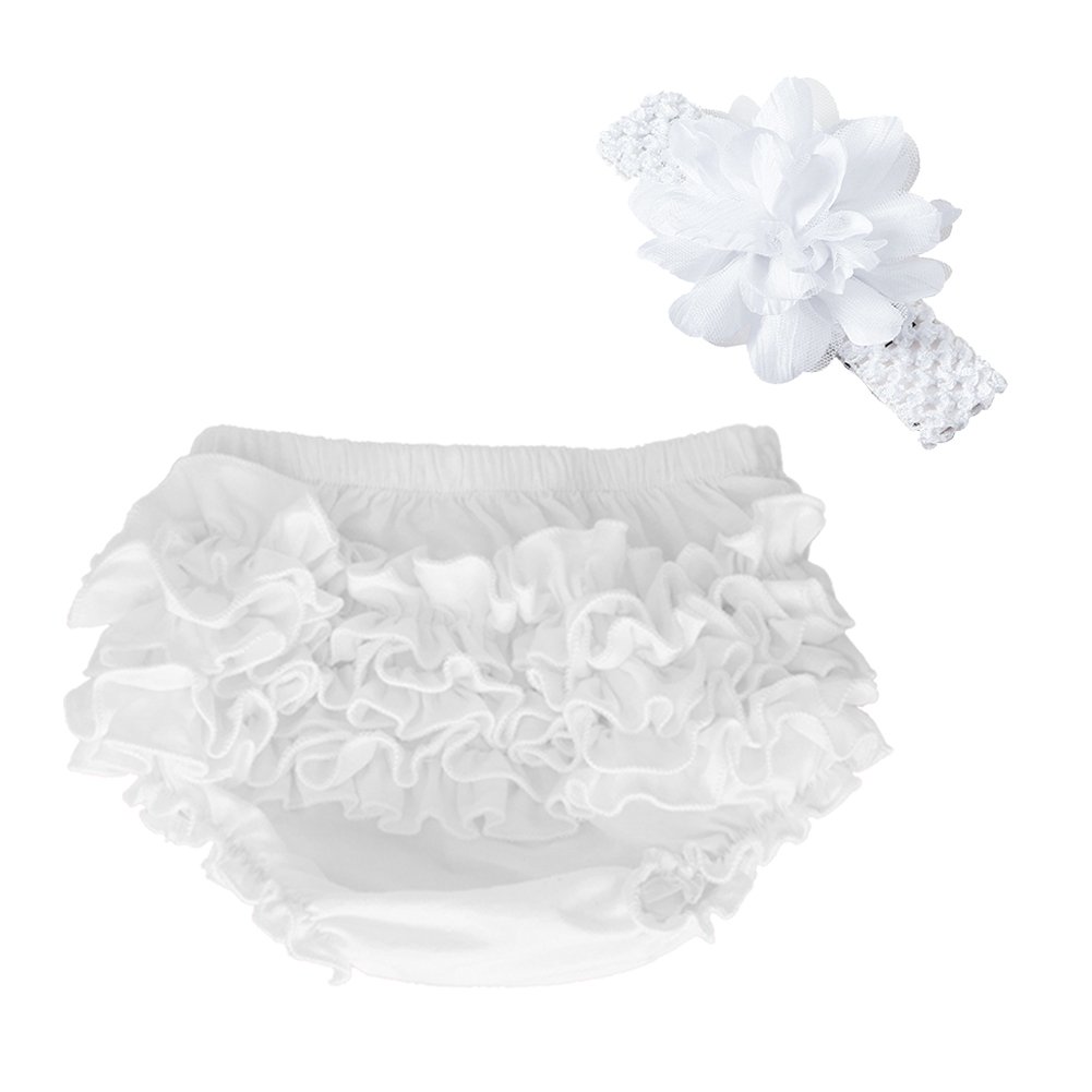 muyan Wholesale Cotton Baby Bloomers Baby Girls Diaper Covers Bloomers Shorts+Headband in Set (White, Newborn(0-3Month))