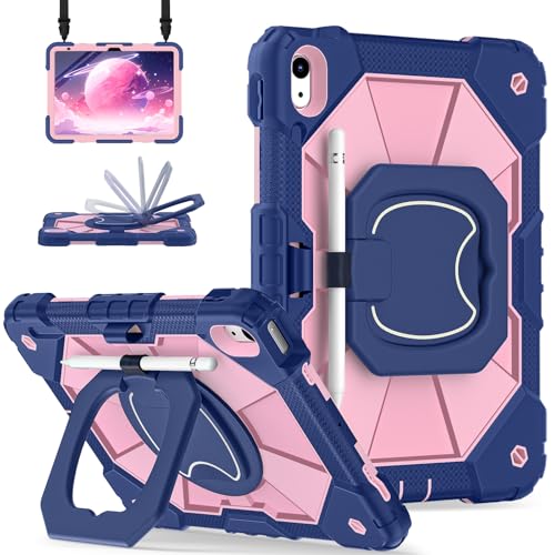 Scnioy Case for iPad (A16) 11th Generation 11 Inch (2025), iPad 10th Generation Case 10.9 Inch (2022), Shockproof Cover with 360° Rotating Stand Screen Protector Pen Holder Shoulder Strap, Navy Rose