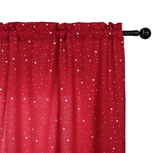 GIRASOLE HOME® Paire de rideaux semi-opaques à motifs étoiles argentées pour salon, chambre, cuisine et intérieurs, 2 panneaux avec poche (rouge, 70 x 148...