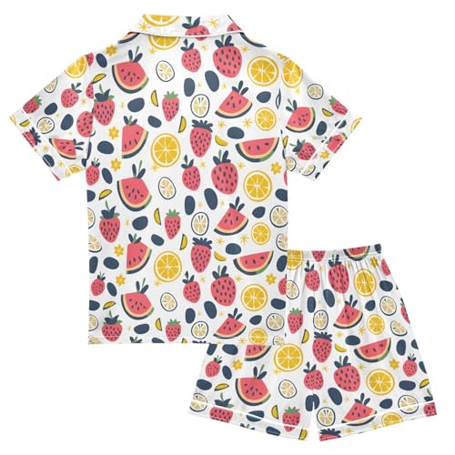 ALAZA Watermelon Strawberry Lemon Cartoon Pajamas Satin Pajama Set Short Sleeve Button Down Sleepwear2
