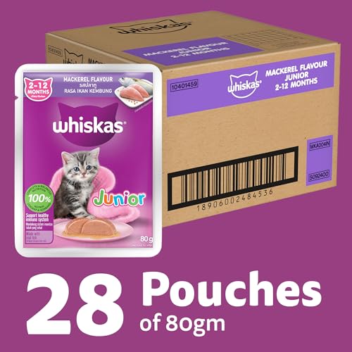 Image of Whiskas Junior Kitten Wet Cat Food Mackerel Flavour in Jelly 80g x 28